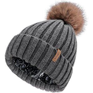 Women's Dark Grey Winter Beanie Hat Satin Lined Faux Fur Pom Pom Beanies Hat